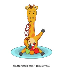 Cartoon illustration of cute giraffe drinking fruit juice