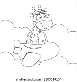 Cartoon illustration of cute giraffe flying in an airplane, Childish design for kids activity colouring book or page.