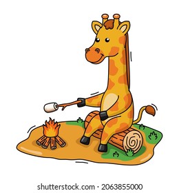 Cartoon illustration of a cute giraffe roasting marshmallows