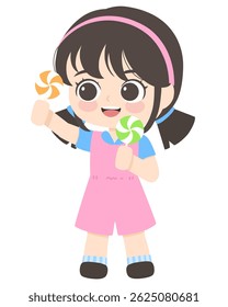 Cartoon illustration of a cute girl holding two colorful lollipops, smiling happily.
Suitable for children-related content, candy themes, or educational materials.