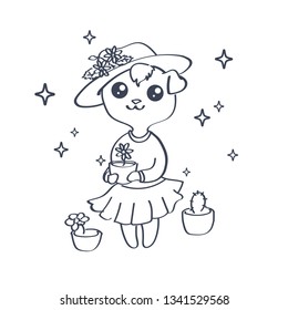 Cartoon illustration of a cute girl with a kawaii doggie. Coloring book. Cartoon Isolated print for greeting card. post card. flyer, badges, sticker, poster, postcard, patches, banner, scrapbooking. 