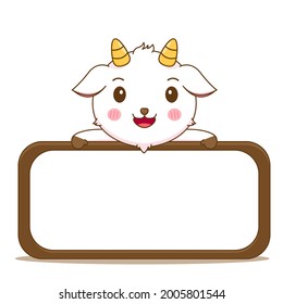 Cartoon illustration cute goat with empty board. isolated white background