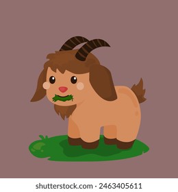 cartoon illustration of cute goat standing and eating grass from side view, cute goat cartoon for kids