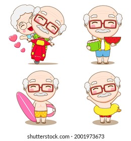 cartoon illustration of cute grandpa with summer activities