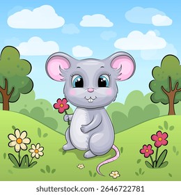 Cartoon illustration of a cute gray mouse sitting on green grass surrounded by colorful flowers and trees, under a blue sky. Perfect for children's products, nature themes, and nursery designs.