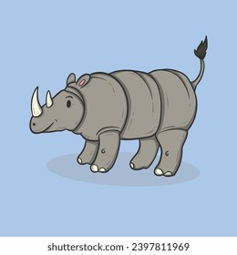 Cartoon illustration of a cute gray rhinoceros with a happy expression on a light blue background.