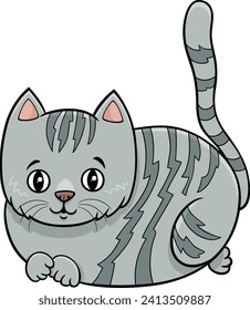 Cartoon illustration of cute gray tabby kitten comic animal character