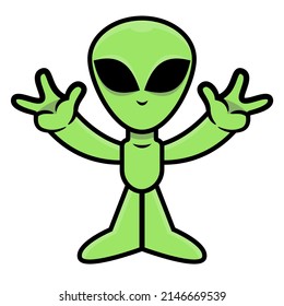 Cartoon illustration of Cute Green Alien raise up hands and greeting human, best for mascot, logo, and sticker with unexplored world themes