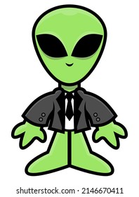 Cartoon Illustration Of Cute Green Alien Wearing Suit Like Human, Best For Mascot, Logo, And Sticker With Extraterrestrial World Themes