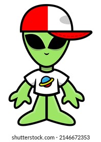 Cartoon Illustration Of Cute Green Alien Wearing T-shirt With UFO Drawn And Cap, Best For Mascot, Logo, And Sticker With Extraterrestrial World Themes