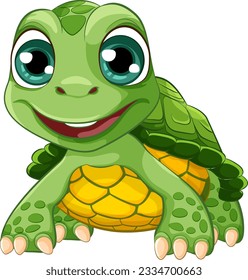 A cartoon illustration of a cute green turtle with a big smile on its face, isolated on a white background illustration