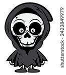 Cartoon illustration of Cute Grim Reaper wearing a black ragged cape. Best for sticker, logo, and mascot with halloween themes