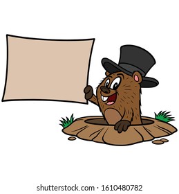 A cartoon illustration of a cute Groundhog with a Sign.