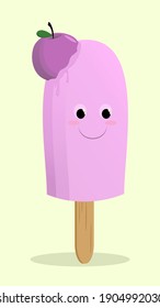 Cartoon illustration of cute, happy, grape fruit ice cream stick or popsicle. purple looks fresh and delicious. suitable for character or mascot for your business. with fruit as a topping on ice cream