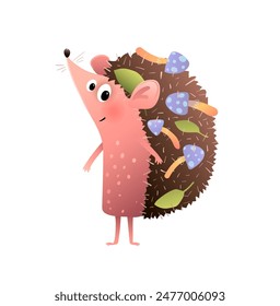 Cartoon illustration of a cute happy hedgehog with leaves and mushrooms. Funny little porcupine forest animal character for children. Vector hand drawn graphics for kids, isolated clip art.