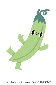 Ilustração em desenhos animados de uma vagem de ervilha bonito e feliz dançando e acenando suas mãos, isolado em um fundo branco, ideal para alimentos saudáveis ou conceitos veganos