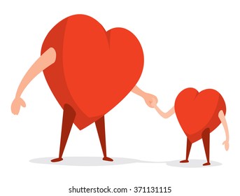 Cartoon illustration of cute heart father and son holding hands