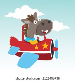 Cartoon illustration of cute horse flying in an airplane, Creative vector childish background for fabric, textile, nursery wallpaper, poster, card, brochure. and other decoration.
