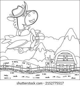 Cartoon illustration of cute horse flying in an airplane with Line Art Design Hand Drawing Sketch Vector illustration For Adult And Kids Coloring Book.