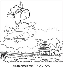 Cartoon illustration of cute horse flying in an airplane with Line Art Design Hand Drawing Sketch Vector illustration For Adult And Kids Coloring Book.