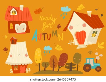 Cartoon Illustration with cute houses. Autumn trees, roads, houses with pipes and rain clouds