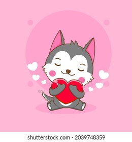 Cartoon illustration cute husky character with love heart