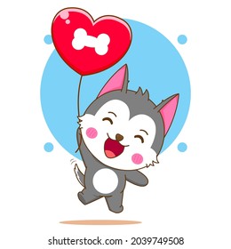 Cartoon illustration cute husky character floating with love balloons