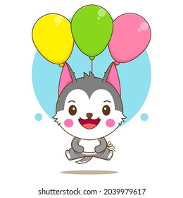 Cartoon illustration cute husky character flying with colorful balloons