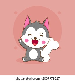 Cartoon illustration cute husky character with big bone
