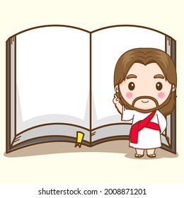 Cartoon illustration of cute Jesus with big book