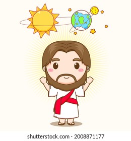 Cartoon illustration of cute Jesus creating universe