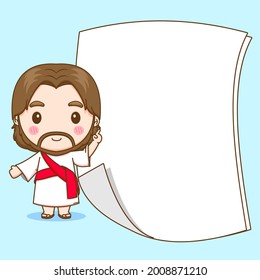 Cartoon illustration of cute Jesus with empty paper
