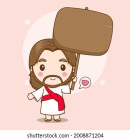 Cartoon illustration of cute Jesus holding empty board