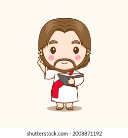 Cartoon illustration of cute Jesus teaching and holding the bible