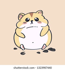  Cartoon illustration with a cute kawaii hamster that eats sunflower seeds. Cartoon Isolated print for greeting card. post card. flyer, badges, sticker, poster, postcard, patches, banner, scrapbooking