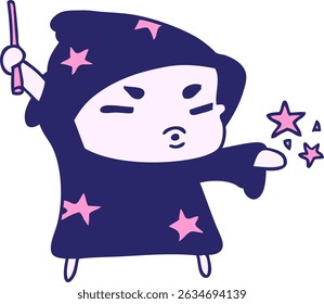 cartoon illustration cute kawaii wizard child in bright neon colors
