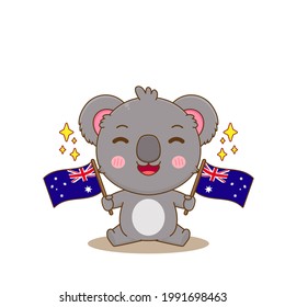 Cartoon Illustration of Cute Koala Holding two Flags