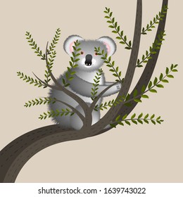 Cartoon illustration with cute koala on a tree. Cute funny cartoon character. Australian animal.