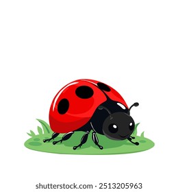 Cartoon illustration of a cute ladybug with a red shell and black spots, sitting on grass. Perfect for children's books, educational materials, greeting cards, and fun nature-themed projects.