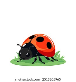 Cartoon illustration of a cute ladybug with a red shell and black spots, sitting on grass. Perfect for children's books, educational materials, greeting cards, and fun nature-themed projects.