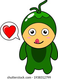 cartoon illustration of cute light green coconut mascot character with love chat bubbles