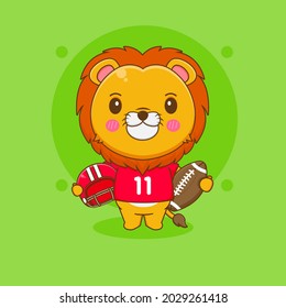 Cartoon illustration of cute lion character as football player