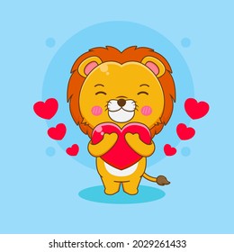 Cartoon illustration of cute lion character hugging love