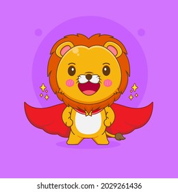 Cartoon illustration of cute lion character with red cloak as superhero