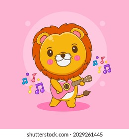 Cartoon illustration of cute lion character playing guitar