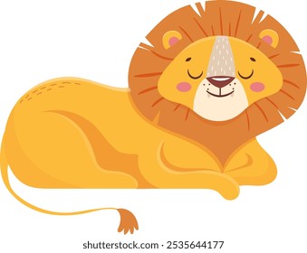 Cartoon illustration of a cute lion cub with closed eyes, lying down and resting, showcasing a peaceful moment in wildlife