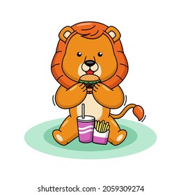 Cartoon illustration of a cute lion eating hamburger