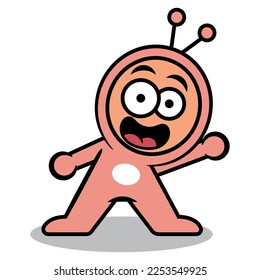 Cartoon illustration of Cute little Alien wearing pink costume with antenna and greeting human. Best for sticker, logo, and mascot with extraterrestrial themes