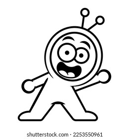 Cartoon illustration of Cute little Alien wearing costume with antenna and greeting human. Best for outline, logo, and coloring book with extraterrestrial themes