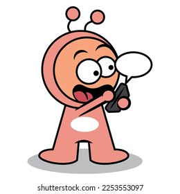 Cartoon illustration of Cute little Alien wearing pink costume with antenna, using smartphone for chatting and playing social media. Best for sticker, logo, and mascot with extraterrestrial themes